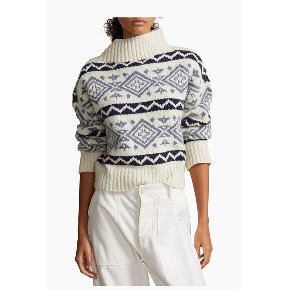 Polo Ralph Lauren Women’s Intarsia Wool-Blend Sweater Cream Blue Multi Large New - Picture 6 of 6